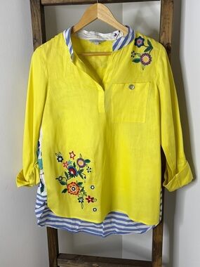 John Mark Bright Yellow Floral Embroidered Tunic Top Size S